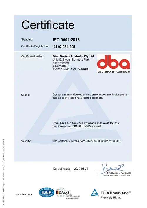 Certificat de gestion de la qualité ISO 9001:2015 de DBA délivré par TÜV Rheinland montrant les détails de certification pour Disc Brakes Australia Pty Ltd valable jusqu'en 2025