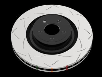 Rotor de frein DBA 4000 Series T3 présentant un motif de fentes tri-symétriques distinctif sur surface argentée avec moyeu central noir et indicateurs colorés de refroidissement