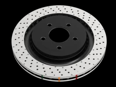 Rotor de frein DBA 4000 Series XD avec trous percés non-directionnels et alvéoles sur surface argentée avec moyeu central noir et indicateurs colorés
