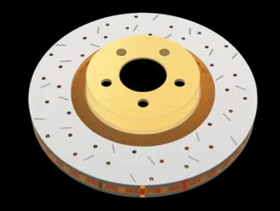 Rotor de frein DBA 4000 Series XS Gold avec trous percés, fentes et moyeu doré distinctif pour performances améliorées et attrait visuel