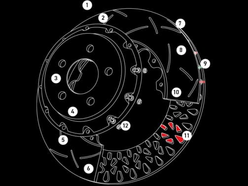 Diagramme des caractéristiques du disque de frein DBA montrant 12 composants techniques numérotés incluant la conception en deux pièces, les traitements de surface et le système de refroidissement Kangaroo Paw