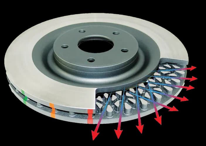 Coupe transversale d'un disque DBA montrant le système Kangaroo Paw avec piliers en diamant et flèches rouges indiquant le flux d'air
