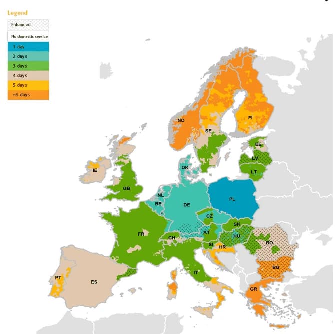 Carte de service UPS européens avec légende détaillée montrant les zones de livraison 1-6+ jours, zones de service amélioré et régions sans service domestique avec codes pays
