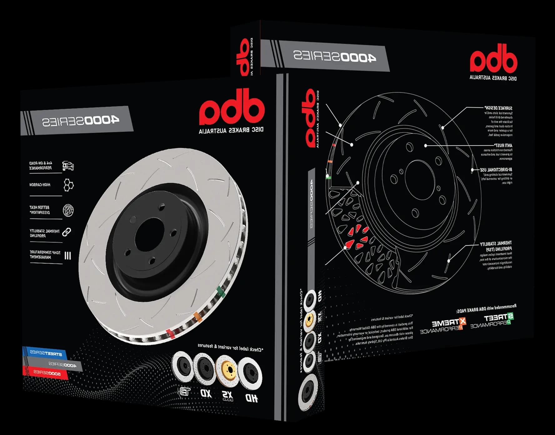 Disques Frein Rainurés DBA 4000 Series - Rotors Performance Thermique 4x4 Disques frein rainurés DBA 4000 Series avec emballage produit montrant caractéristiques stabilité thermique et spécifications performance 4x4